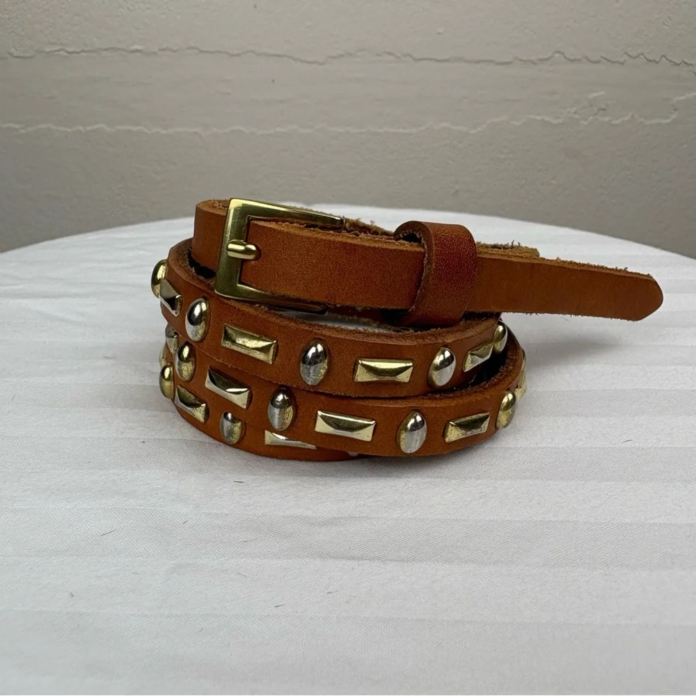 Light Brown Tan Leather Belt Goldtone Silvertone Studded Skinny Belt‎ Bohemian